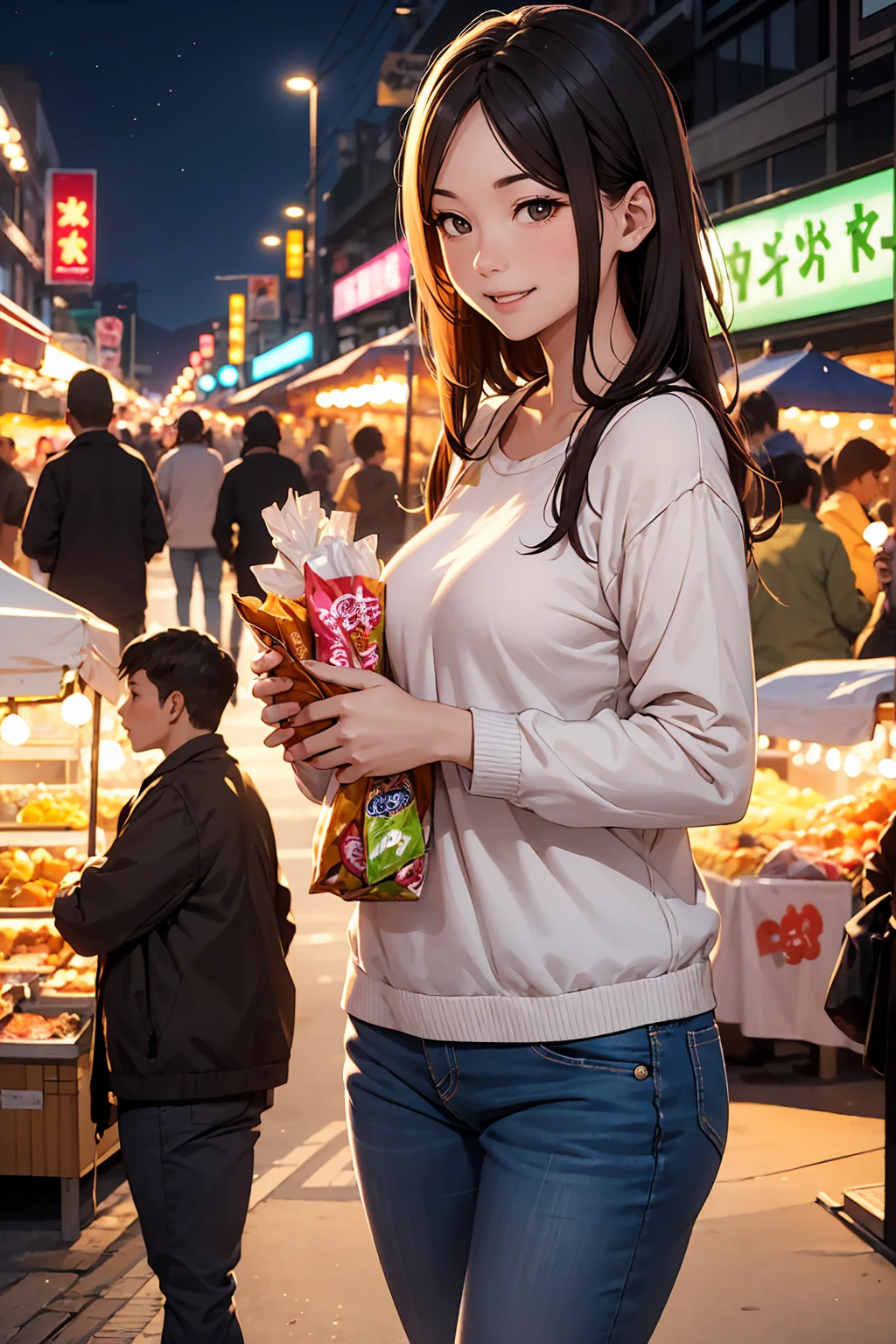 Vibrant night market. Woman wearing casual clothes, Carrying snacks, Her face is full of joy and satisfaction.