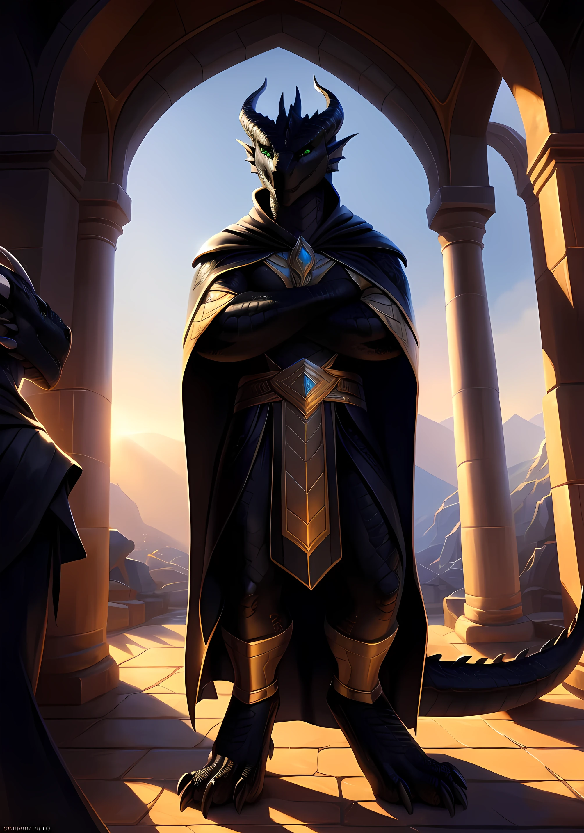 Realistic, detailed, beautiful, masterpiece, HDR, castle interior background, fantasy setting, king, ((gold armor, gold breast plate, gold pauldrons, gold greaves, gold leg armor, wearing gold armor, black robes, black cloak, wearing black robes and cloak)) dragon, anthro, male, male full body, black skin, (black scales:1.9), (two long thin horns:1.3), green eyes, detailed eyes, perfectly shaped body, confident majestic pose, finger black claws, masculine facial features, seductive gaze, neutral facial expression, black pointed ears, standing tall, out doors, daytime 

(detailed Bonifasko lighting), (detailed scales), (detailed skin), (male dragonborn), BREAK, ((long flowing tail)), ((facing viewer)), (cinematic lighting), ((detailed background)), ((full body portrait view)), (((full body view))), (good lighting), [backlighting], [crepuscular ray], [detailed ambient light], [gray natural lighting], [ambient light on the belly], (higher wildlife feral detail), [explict content], [sharp focus], (questionable content), (shaded), ((masterpiece)), furry dragonborn, reptilian face, furry Fantasy Art, furry Art, Commission for High Res, anthro Art, POV furry Art,Sakimichan beautiful, masterpiece, best quality, detailed image, bright colors, detailed face, perfect lighting, perfect shadows, perfect eyes, green eyes, flawless face, face focus, full body, (masterpiece:1.21), (best quality:1.2), (illustration:1.2), (cinematic lighting:1.3), detailed scales, balanced coloring, global illumination, ray tracing, good lighting, scales, anthro, well lit 