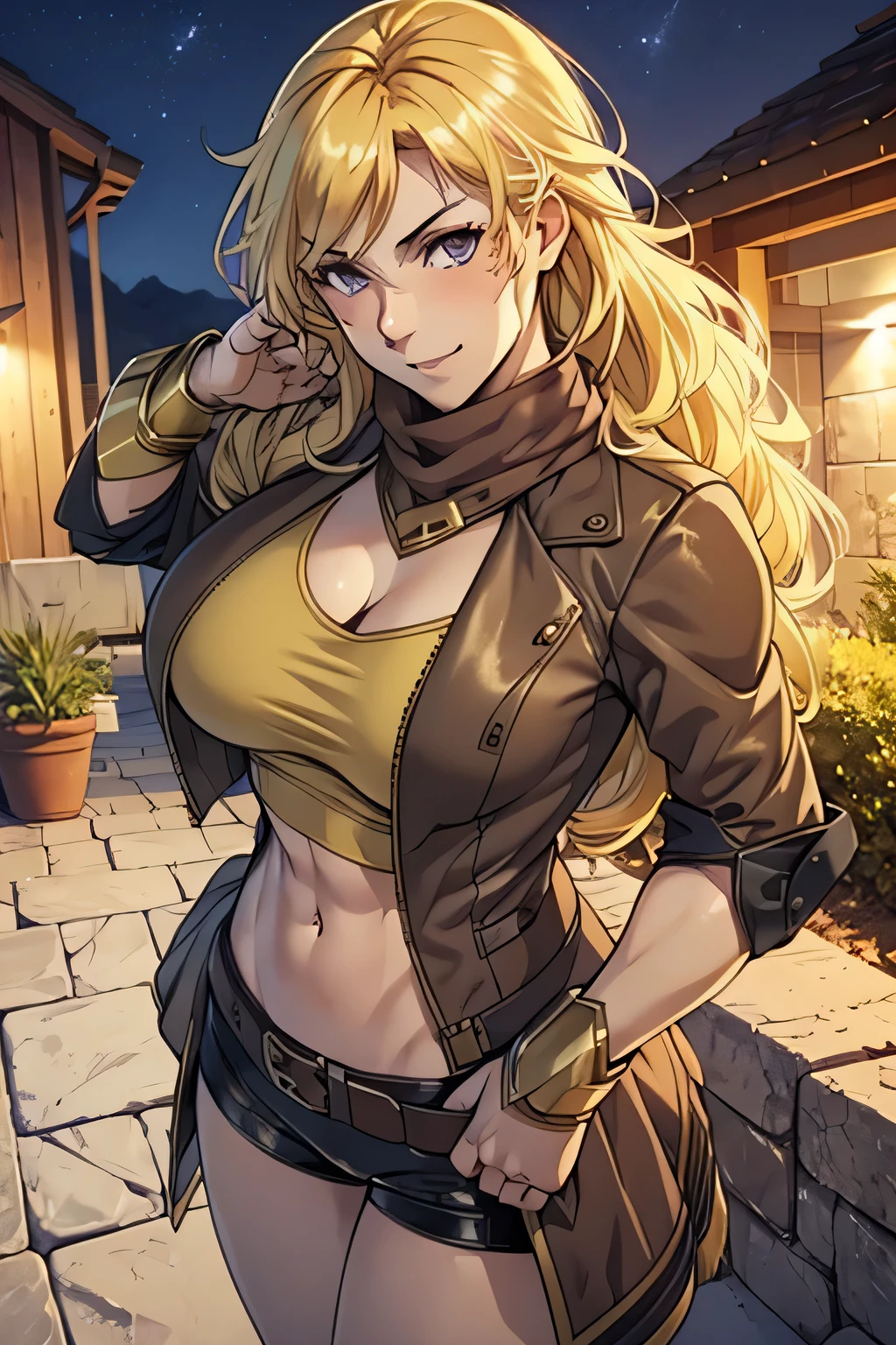 masterpiece, best quality, agrias, a woman, solo, wearing short brown jacket, black shorts, blonde hair, high leg, wavy hair , muscular , detailed face, muscular detailed face, 2, modern house patio, big breasnding, head up, Night time, purople eyes