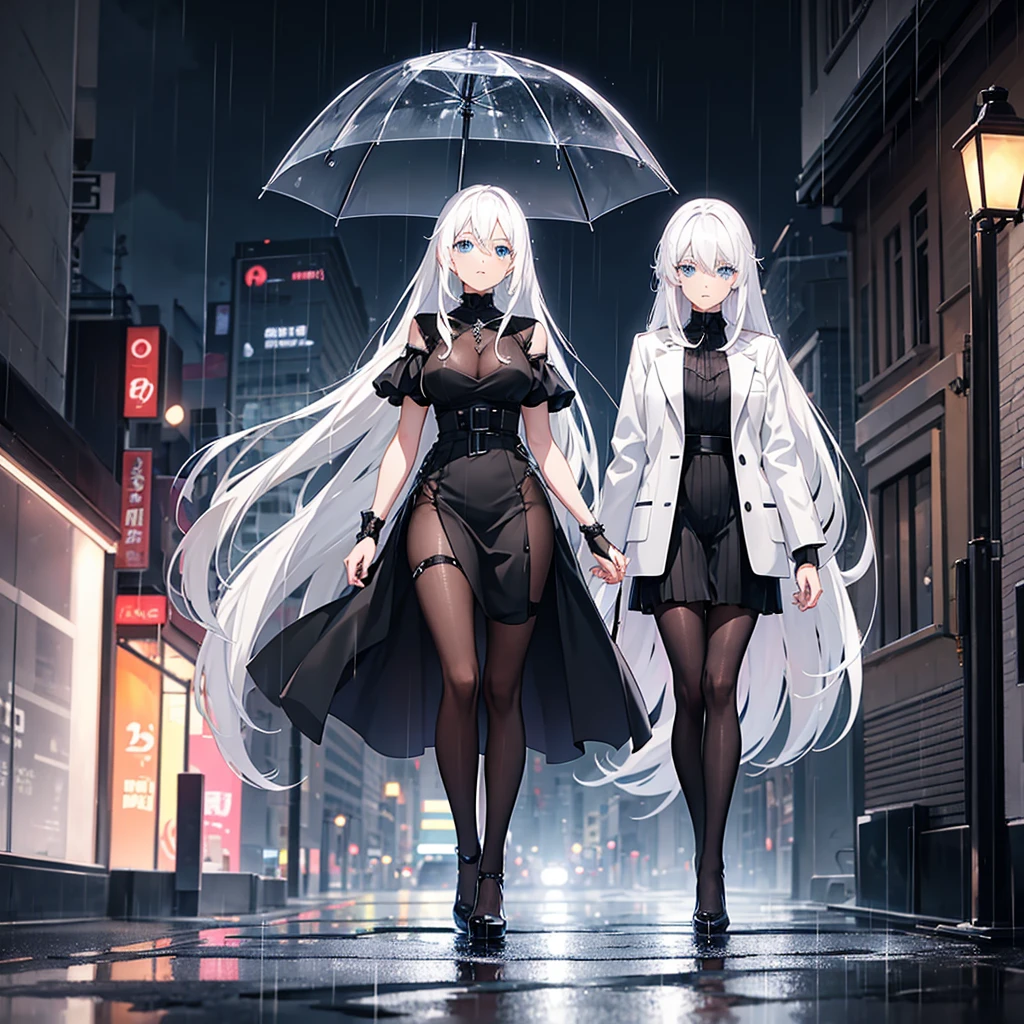 women, anime, White hair, Blue eyes Diamond, elegant black dress, night time, on the street, walking, under the rain.