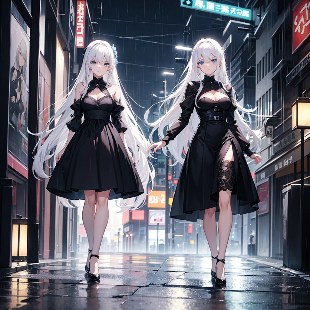 women, anime, White hair, Blue eyes Diamond, elegant black dress, night time, on the street, walking, under the rain.