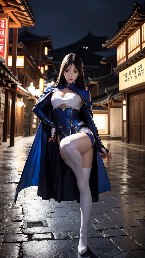 South korea assassin women mystery hooded on with modern royal Blue coat with long and wide sleeves with buttons and royal Blue cape and very high white heel over the knee and white gloves, As she reveals a small secret hidden blade coming from his palm , adding to the character's mysterious and agile appearance, with small movements of air on the cape, jump from roof to roof, in summer at night under the rain,medieval south korea house. sophisticated and highly detailed, ultra hd, realistic, hyper detailed, enhanced colours, ultra sharp focus, with vibrant, rich in details High quality, gorgeous, captivating, 8k, super detailed, stunning shadows, detailed lines, blood stain on coat and gloves, corpses in the street recently murdered
