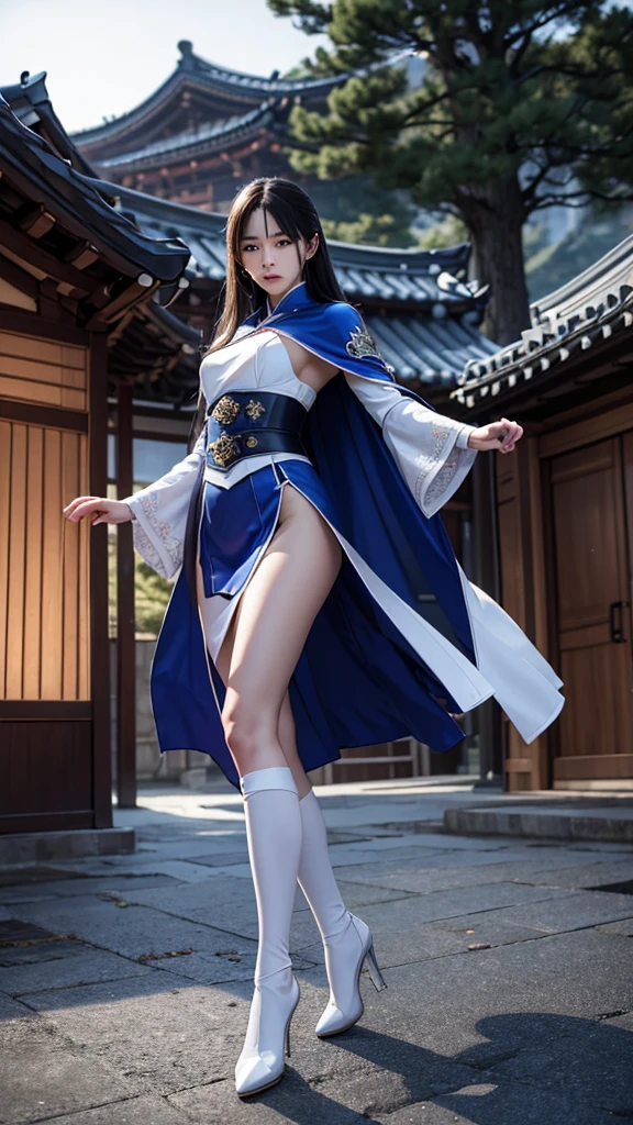 South korea assassin women mystery hooded on with modern royal Blue coat with long and wide sleeves with buttons and royal Blue cape and very high white heel over the knee and white gloves, As she reveals a small secret hidden blade coming from his palm , adding to the character's mysterious and agile appearance, with small movements of air on the cape, jump from roof to roof, in summer at night under the rain,medieval south korea house. sophisticated and highly detailed, ultra hd, realistic, hyper detailed, enhanced colours, ultra sharp focus, with vibrant, rich in details High quality, gorgeous, captivating, 8k, super detailed, stunning shadows, detailed lines, blood stain on coat and gloves, corpses in the street recently murdered
