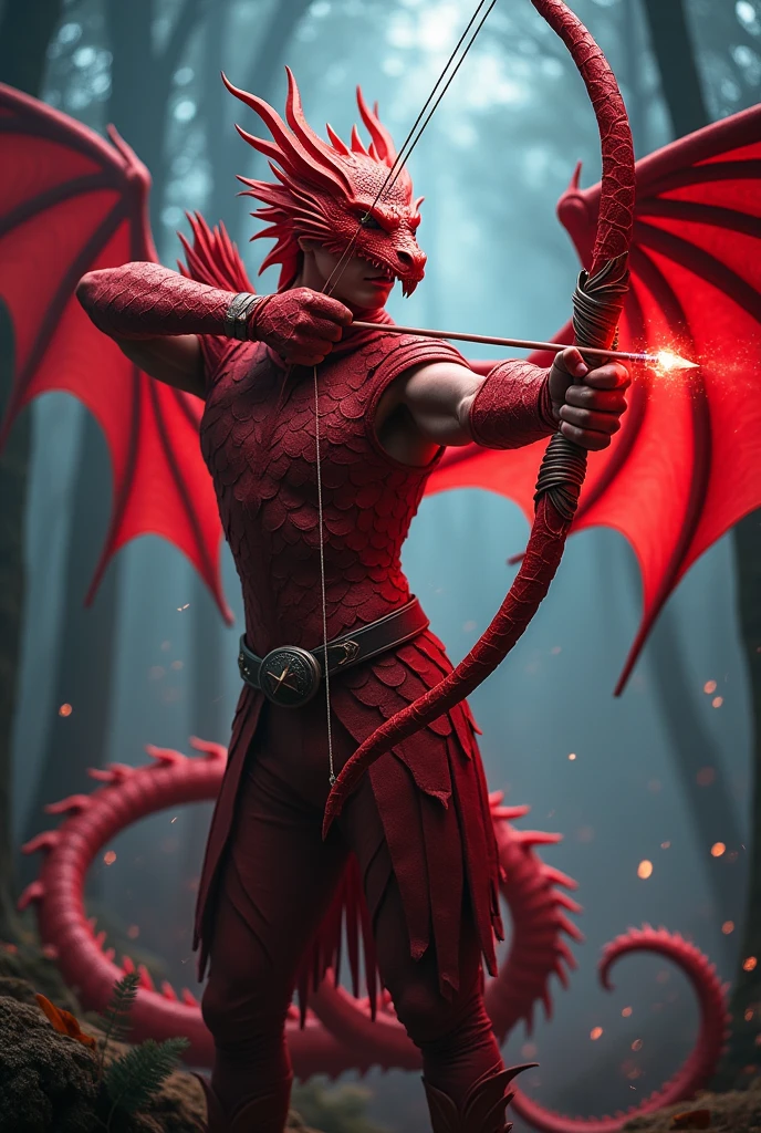 human archer wearing red dragon outfit and bow with Nobzinha logo highlighted behind