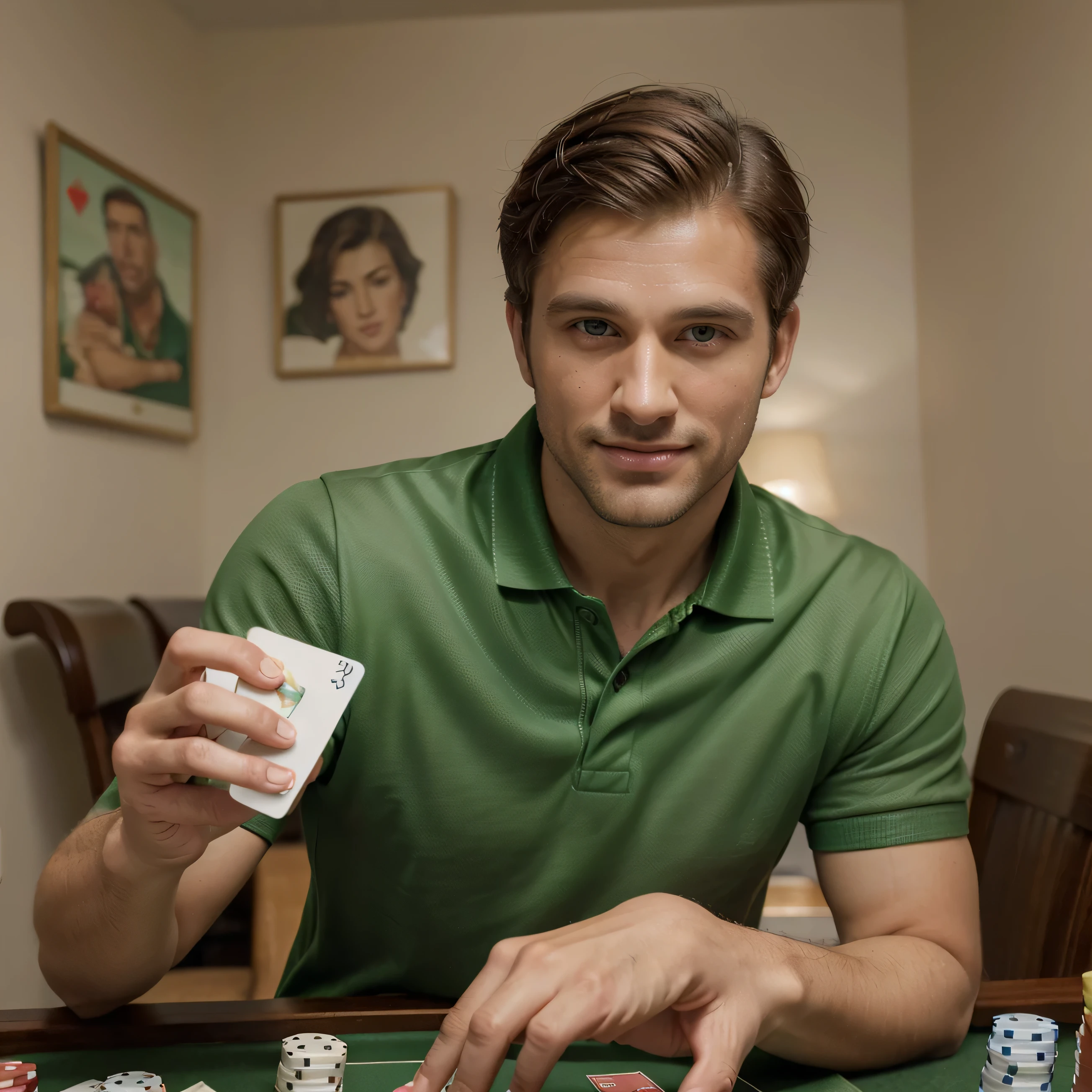 4k uhd, sharp focus, realistic, masterpiece, high quality, highly detailed, ((picture of a handsome 35 year old desirable caucasian man with distinguished features)), (sitting at a card table with a royal flush laid down), (picture of "Dogs Playing Poker" on the wall behind him), athletic build, tall height, light brown short length hair, clean cut haircut, ((no facial hair, clean shaved face, intriguing brown eyes)), ((wearing stylish green polo shirt)), seductive smile with a gentle expression, detailed depiction of facial features, perfectly symmetrical face, crisp details, ultra-fine rendering, bright indoor lighting which masterfully accentuates his excellent features,