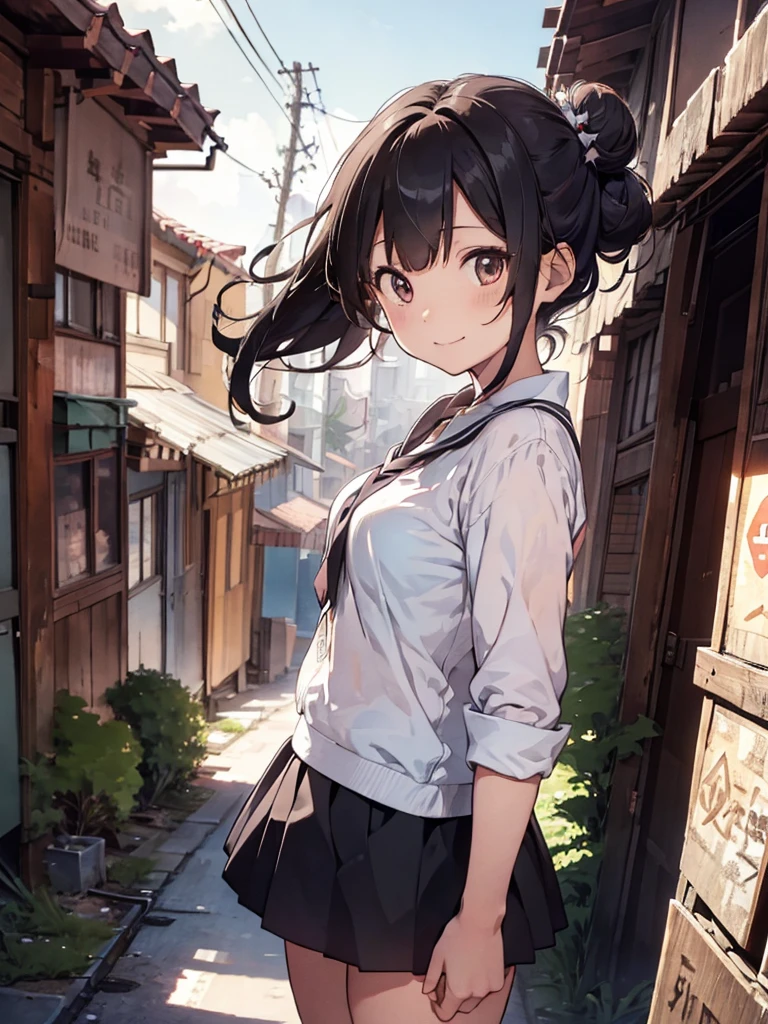one person, Chestnut Hair, Half Up,Large Breasts, smile, Droopy eyes, perspective, Height: 165cm,High School Uniform,Anime Style, Nice body,Knee-length skirt,Healthy sex appeal,High resolution, Anatomically correct, 最High quality, Damaged, detail, High detail, High-resolution model, High quality, quality, Very detailed, Ultra high definition, Textured skin, Hair blowing in the wind, Deco bangs, Three-bun updo, happiness, Viewfinder, smile, multiview, 