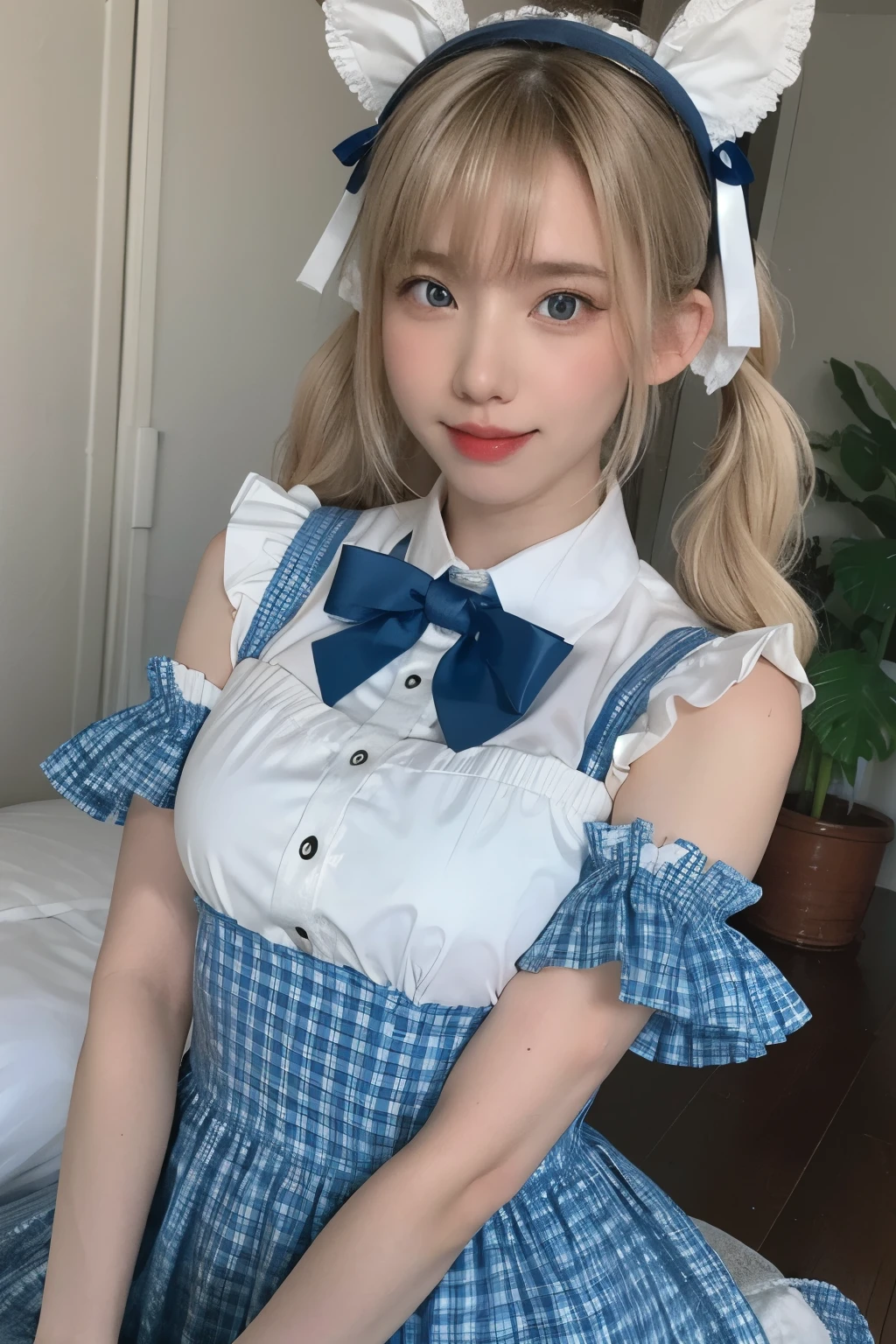 RAW photo, (8k), (highest quality: 1.2), (real), (real: 1.37), ultra-high resolution, (highest quality, 8k, 32K, masterpiece: 1.2), (high resolution), (8k), (high resolution), (highest quality, 8k, 32K, masterpiece: 1.2), Close-up of a young blonde woman with pigtails winking and making a cute heart shape with her hands。She is wearing a blue and white checked dress、She has a lace accent。The headpiece is decorated with pastel ribbons and bows.。The background is soft and slightly blurred、A light and dreamy atmosphere、There are subtle heart and star effects around her。The overall style is、Japanese idols and「cute」It reminds me of fashion、The focus is on bright, cheerful colors and playful, cute expressions.。