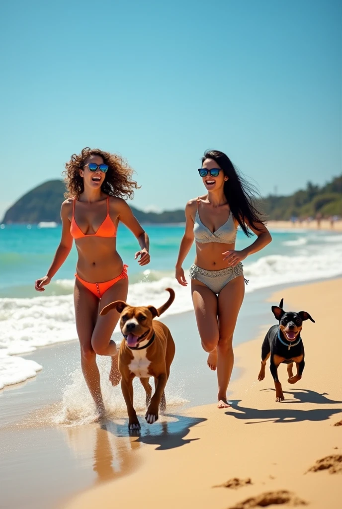 Create a cartoon illustration of two wives with their two dogs playing on the beach. The characteristics of wives are: one with curly hair and wearing glasses and the other without glasses with straight black hair. Dogs have characteristics: one is a medium-sized caramel-colored Pitbull and the other is a small black-haired Pinscher 