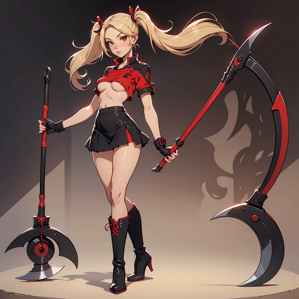 Very detailed, neutral facial expression, figure, full body view, small breasts, blonde hair with twintails, red eyes, looking at viewer, black and red uniform, skirt, black boots, holding scythe with 1 arm high, sexy pose.
