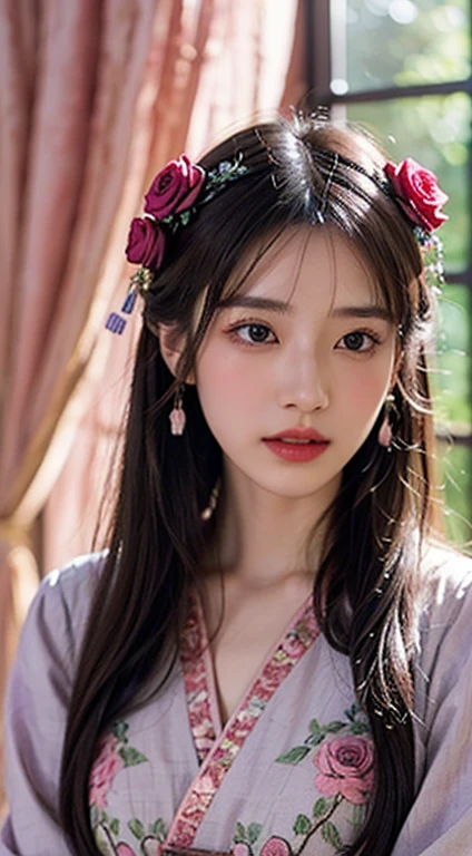 A photorealistic portrait of a beautiful young woman in traditional Chinese hanfu, with long flowing lavender hair adorned with ornate hair accessories, pastel pink and purple color scheme, intricate details on clothing with floral embroidery and tasseled jewelry, soft dreamy background with pink roses and hanging ornaments, ethereal and romantic atmosphere.
