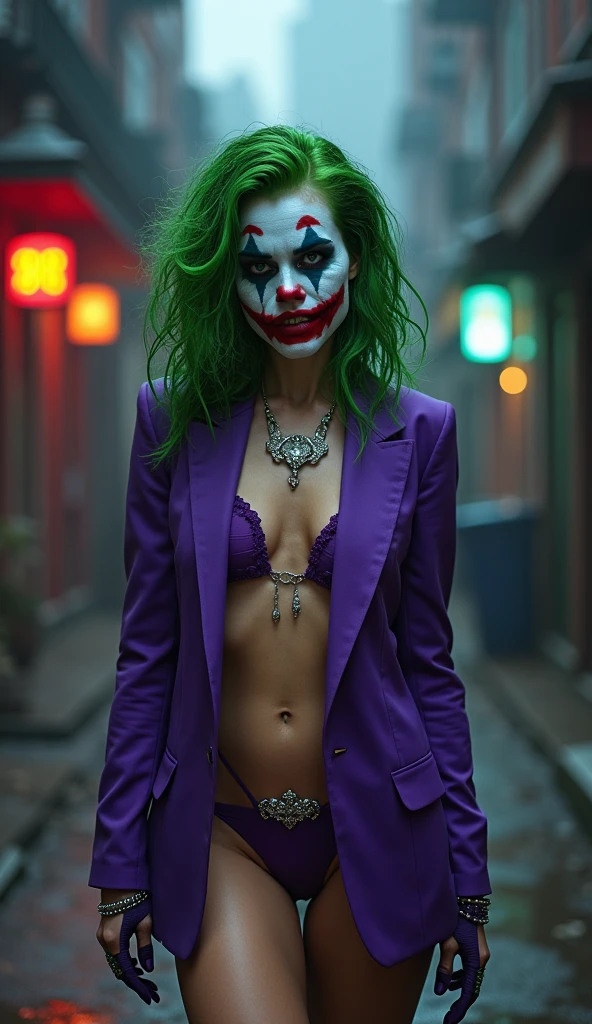 {
  "prompt": "A faithful female version of the iconic Joker from DC Comics, reimagined with a seductive yet psychotic allure. She has pale white skin and wild, vibrant green hair styled in messy, chaotic curls. Her makeup is heavy and smeared, inspired by Heath Ledger’s Joker, with dark, hollow eyes surrounded by smudged black makeup, and a blood-red, twisted smile that extends unevenly beyond the corners of her mouth, creating a chilling, yet irresistible, grin. She wears a tailored purple suit jacket with a green vest and matching tie, left open to reveal her toned, alluring physique, paired with a revealing purple bikini bottom. Her posture exudes a dangerous confidence, combining her twisted mind with a seductive charm that makes her both terrifying and impossible to resist, using her beauty as a weapon to lure her prey.",
  "size": "1024x1792"
}
