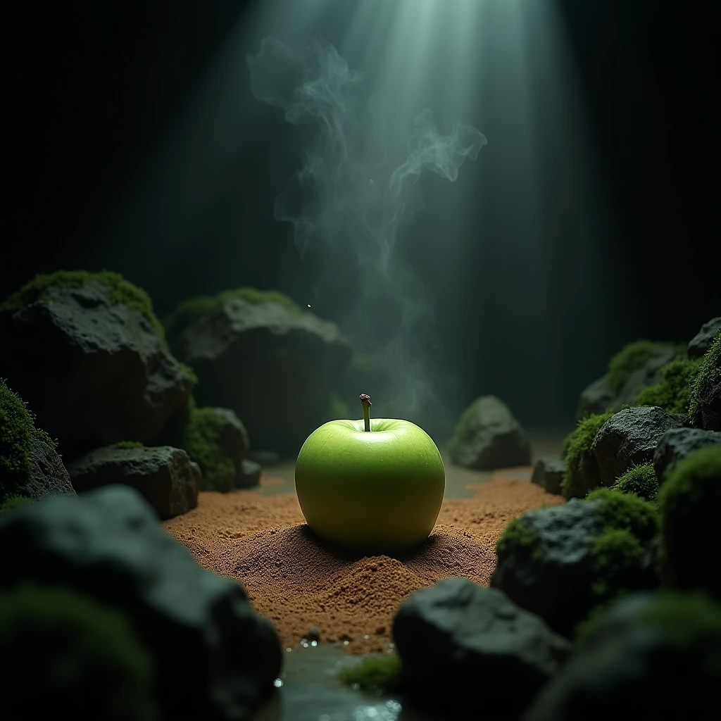 rocks, with green apple in the air and cinnamon with sand , 
in a dark environment, with moss and patchouli

