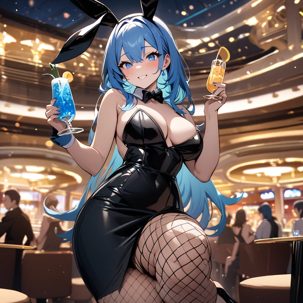 Highest quality,masterpiece,Casino at night,Carry drinks,Beautiful Bunny Girl,Blue Hair,blue eyes,Fishnet tights,The best smile