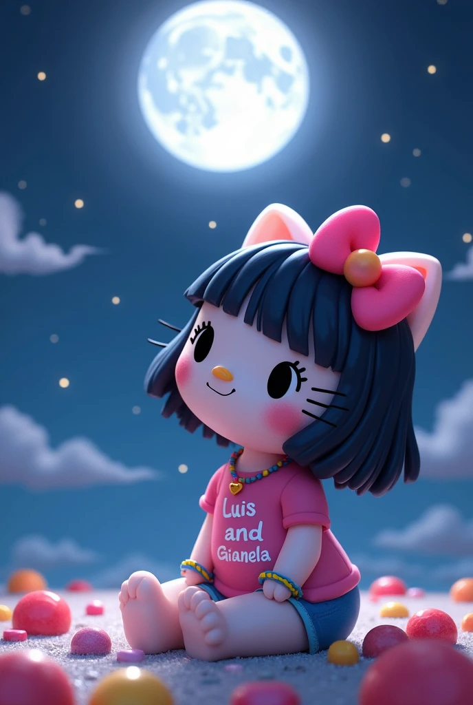Hello Kitty with half-wavy black hair up to her neck, she has a pink bow, she has a shirt that says Luis and Gianela, sitting watching the full moon, she has shorts and bracelets, and a heart-shaped necklace. and has sweets next to it