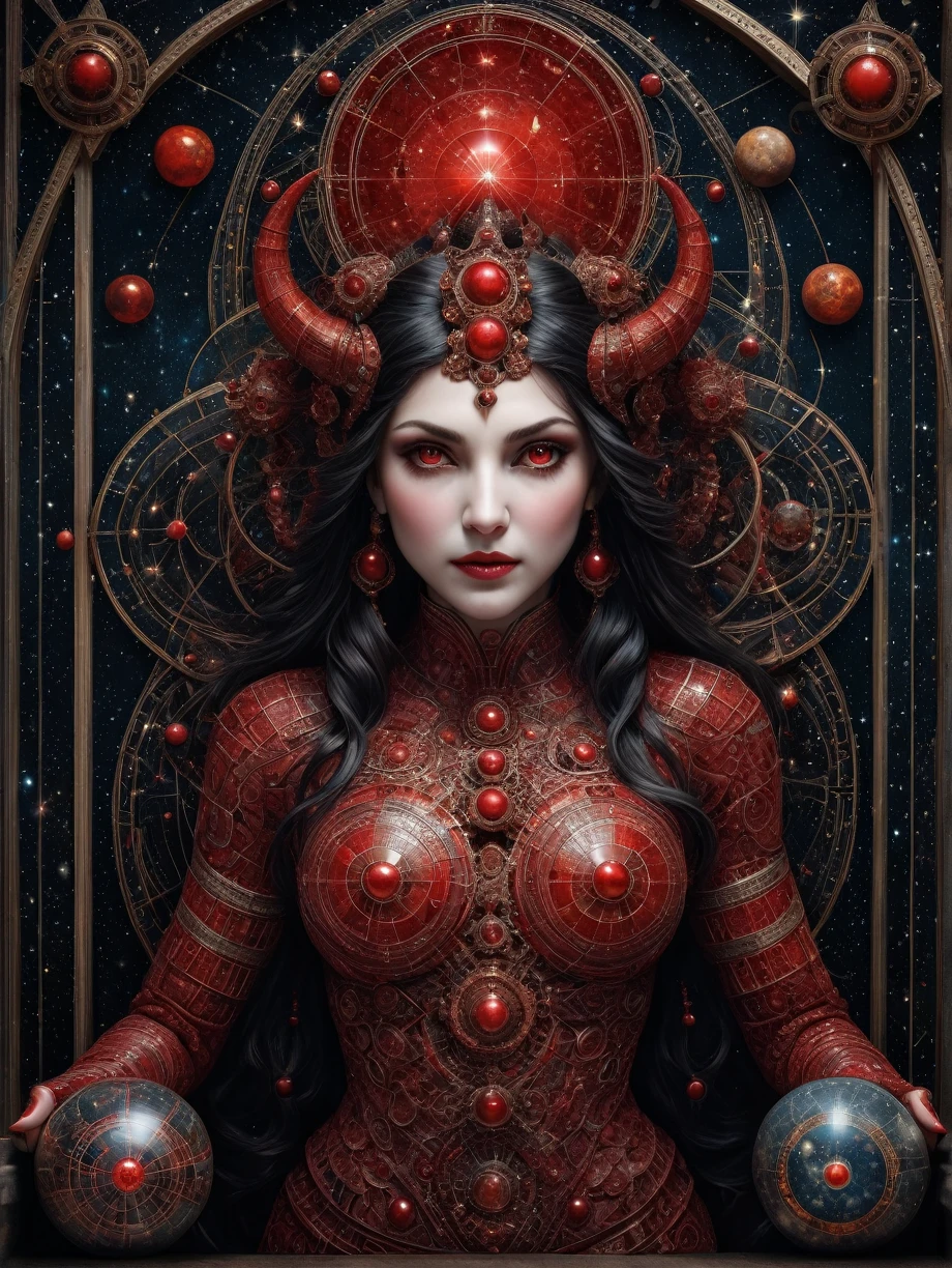 An astrological event happens before the eyes of the goddess of the cosmos, amazing depth, masterwork, surreal, geometric patterns, intricately detailed, bokeh, perfect balanced, deep fine borders, artistic photorealism , a rough, mature image, red accents inhabit the demons,
