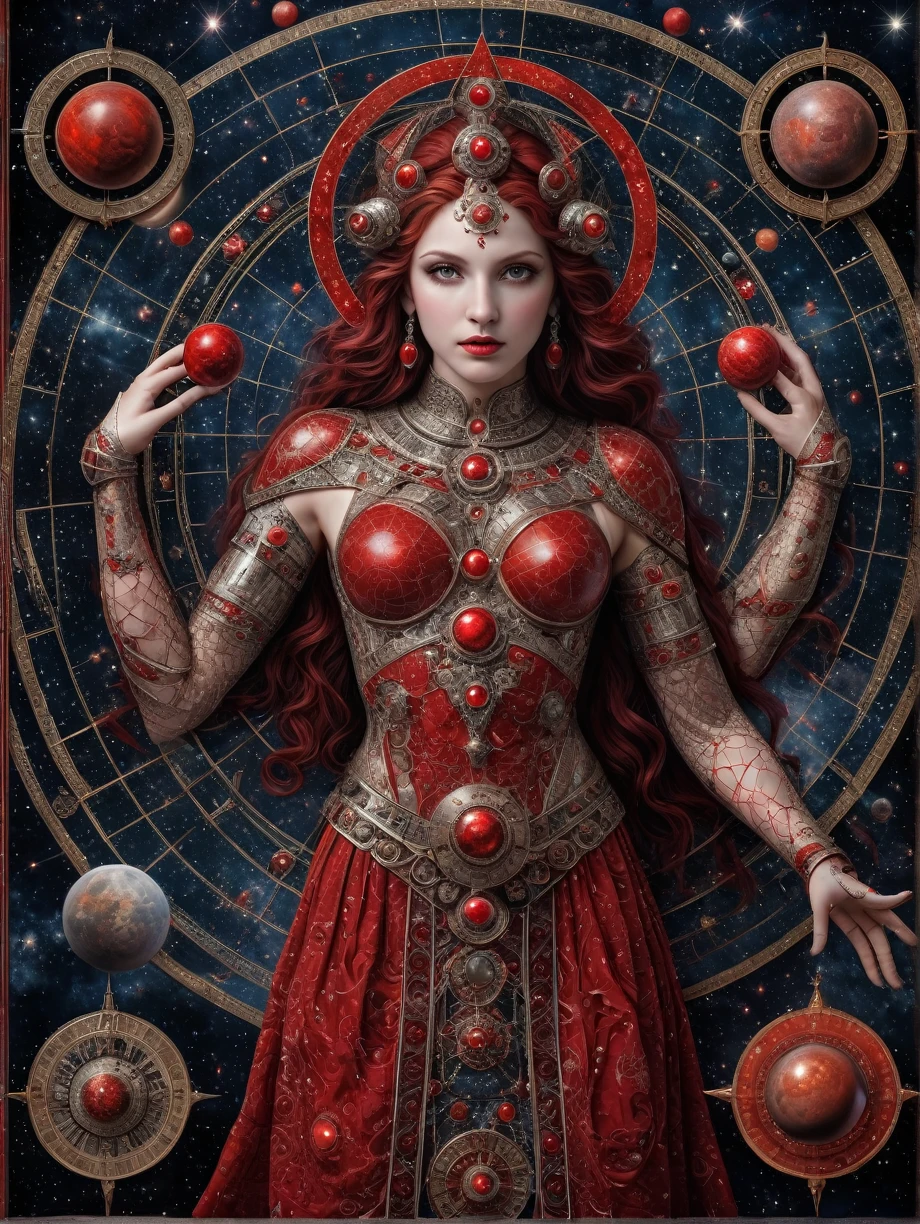 An astrological event happens before the eyes of the goddess of the cosmos, amazing depth, masterwork, surreal, geometric patterns, intricately detailed, bokeh, perfect balanced, deep fine borders, artistic photorealism , a rough, mature image, red accents inhabit the demons,
