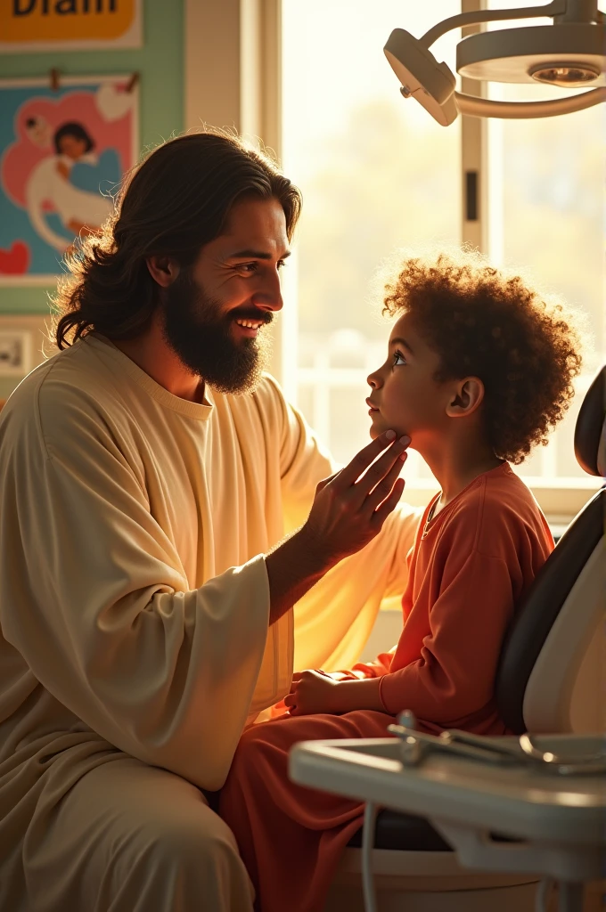 Jesus of Nazareth healing a tooth of a child sitting in a dental chair 