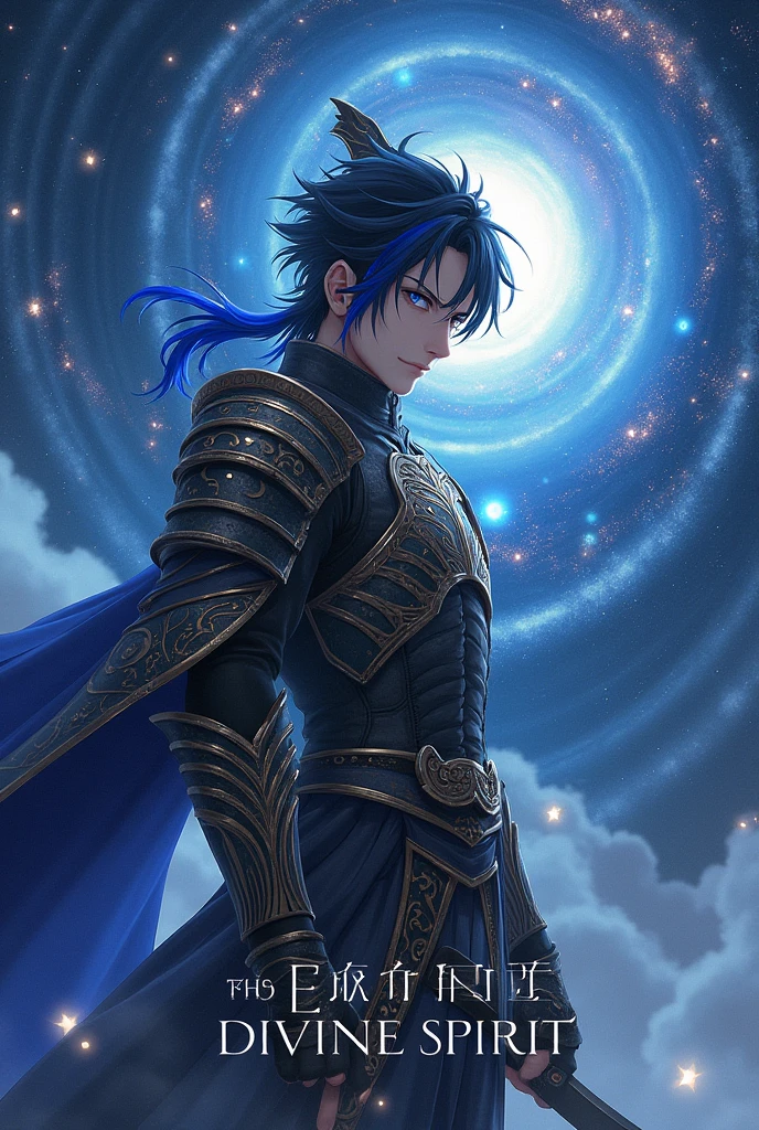 put the name: (The Eminent Divine Spirit), written in the drawing. Create a character, MALE with ARMOR WARRIOR style, JAPANESE ANIME STYLE in a cosmic environment, black hair with a cobalt blue strand in a single hair, cobalt blue eyes. Don't forget to put the name "THE EMINENT DIVINE SPIRIT".