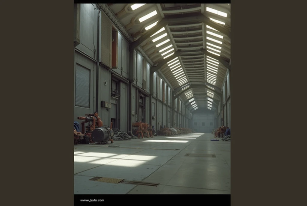 Mobile Suit hangar inside the space battleship, devoid of any mobile suits.