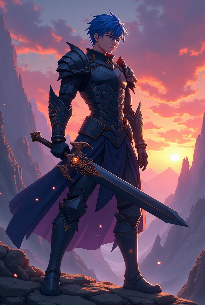 Anime young man, short hair, 1.80 meters tall, 19 years old, with big greatsword, blue hair, golden eyes and pitch black armor.