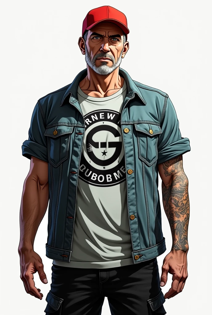 middle aged male, red cap, black buzzcut hair, looks unkept because hard lifestyle, jeans jacket, gray T-shirt with logo, black shorts, focus on face and torso, standing, ((transparent background)), anime style