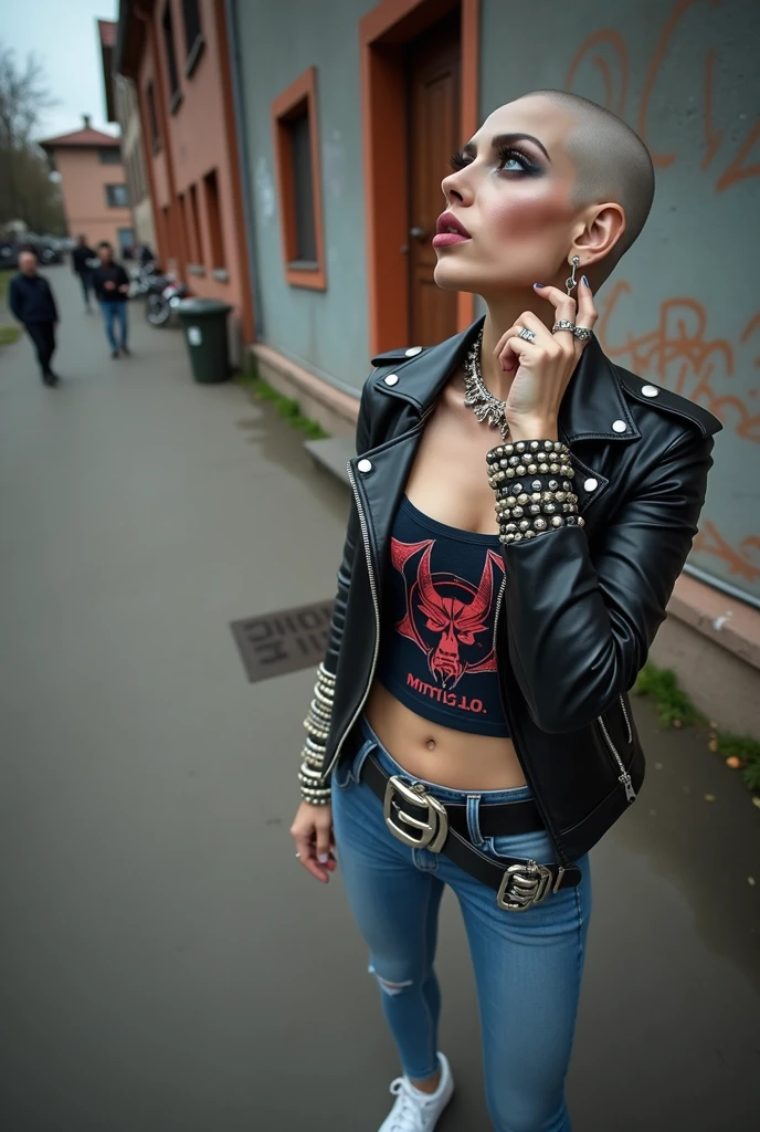 russian milf woman, biker gang member, shaved head, with very light blue eyes, extremely pale, heavy eye shadows. Thin. Sad face, smeared excessive make up and smeared lipstick Wearing black moto jacket, cropped t-shirt with devil logo, skinny blue jeans and white tennis sneakers . Lots of metallic bracelets. Tacky leather belt with oversized, excessive silver buckle. One hand in her neck, the other in one pocket. Lots of rings. Piercing in belly button.Wide loop earrings. Looks up like talking to God, mouth and eyes open. Bites her lip