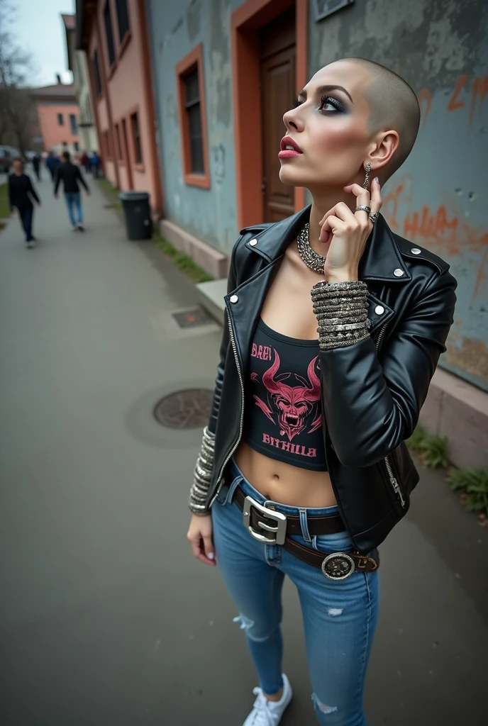 russian milf woman, biker gang member, shaved head, with very light blue eyes, extremely pale, heavy eye shadows. Thin. Sad face, smeared excessive make up and smeared lipstick Wearing black moto jacket, cropped t-shirt with devil logo, skinny blue jeans and white tennis sneakers . Lots of metallic bracelets. Tacky leather belt with oversized, excessive silver buckle. One hand in her neck, the other in one pocket. Lots of rings. Piercing in belly button.Wide loop earrings. Looks up like talking to God, mouth and eyes open. Bites her lip