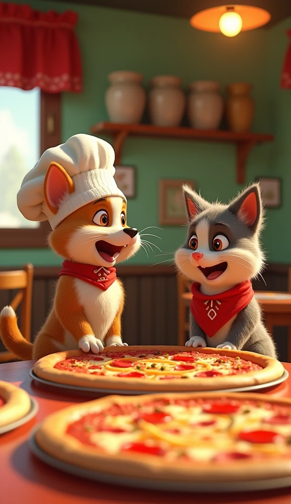 photorrealistic,high qualiy,8k,detailded,dynamic composition,pizzeria,famous meme,fans of their relationship,puppy dog puch,hato and chef cat,same style,humorous,swirly vibrant colors,dramatic lighting,surreal,quirky,Eccentric,cute,adorable,funny,funny,Memorable,impressive,captivating