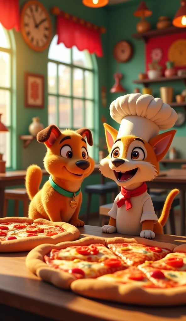 photorrealistic,high qualiy,8k,detailded,dynamic composition,pizzeria,famous meme,fans of their relationship,puppy dog puch,hato and chef cat,same style,humorous,swirly vibrant colors,dramatic lighting,surreal,quirky,Eccentric,cute,adorable,funny,funny,Memorable,impressive,captivating
