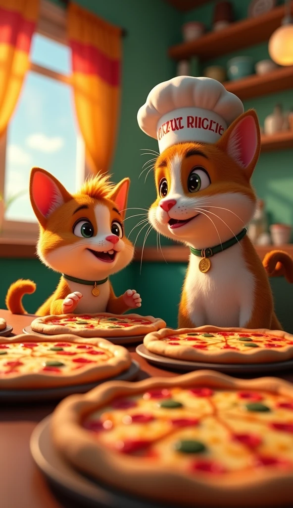 photorrealistic,high qualiy,8k,detailded,dynamic composition,pizzeria,famous meme,fans of their relationship,puppy dog puch,hato and chef cat,same style,humorous,swirly vibrant colors,dramatic lighting,surreal,quirky,Eccentric,cute,adorable,funny,funny,Memorable,impressive,captivating