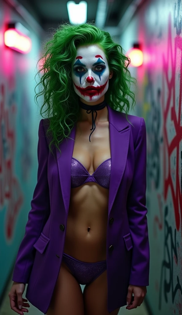 {
  "prompt": "A faithful female version of the iconic Joker from DC Comics, reimagined with a seductive yet psychotic allure. She has pale white skin and wild, vibrant green hair styled in messy, chaotic curls. Her makeup is heavy and smeared, inspired by Heath Ledger’s Joker, with dark, hollow eyes surrounded by smudged black makeup, and a blood-red, twisted smile that extends unevenly beyond the corners of her mouth, creating a chilling, yet irresistible, grin. She wears a tailored purple suit jacket with a green vest and matching tie, left open to reveal her toned, alluring physique, paired with a revealing purple bikini bottom. Her posture exudes a dangerous confidence, combining her twisted mind with a seductive charm that makes her both terrifying and impossible to resist, using her beauty as a weapon to lure her prey.",
  "size": "1024x1792"
}
