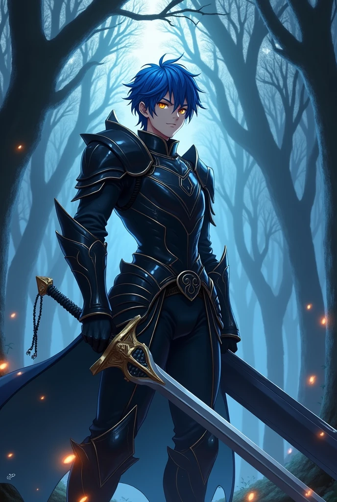 Anime young man, short hair, 1.80 meters tall, 19 years old, with big greatsword, blue hair, golden eyes and pitch black armor.