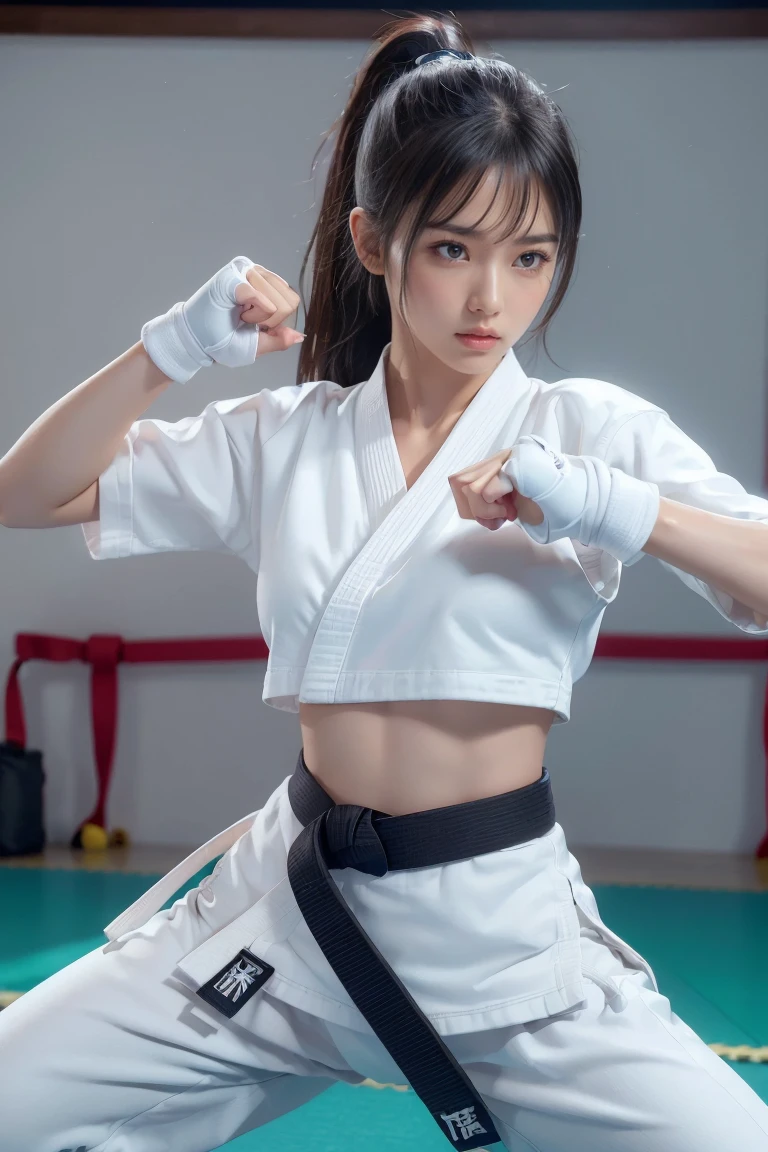 (I can see a sporty bra)、(((sexy Karate clothes, black belt)))、Female karateka with bangs and ponytail、Visible navel and lower chest、shiny skin、((shy face))、((Turn your face away))、((look sideways))、((face is flushed))、(Watery eye)、cry、(((Karate Dojo)))、((delicate pictures)),(Masterpiece detailed RAW photos:1.25), (highest quality:1.6), (Super high resolution:1.5), (realistic:1.75), 8K resolution, Canon EOS R5, 50mm, absurd, super detailed,cinematic lighting、((Sporty panties are visible))、(((The pants are taken off)))、nsfw vibrator,girl trembling with sexual climax