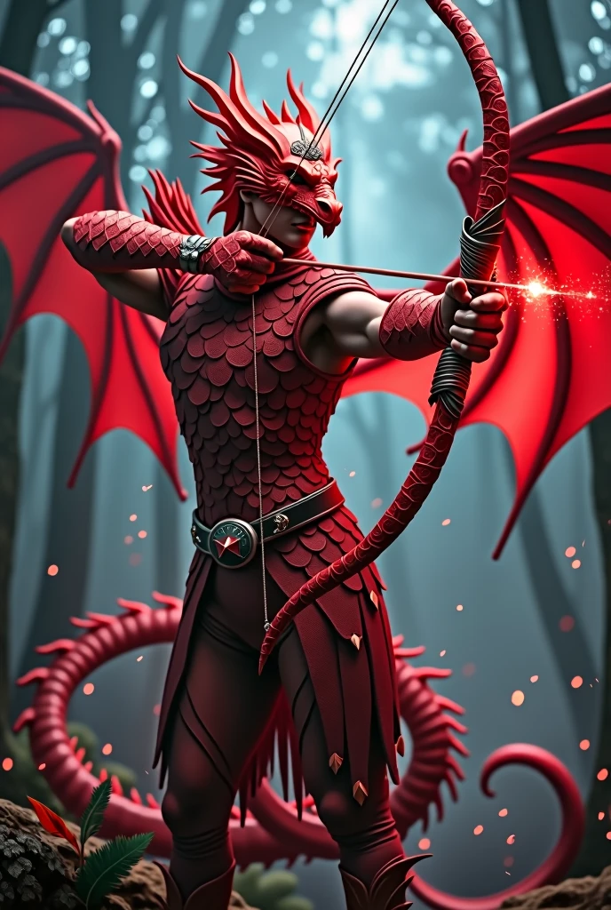 human archer wearing red dragon outfit and bow with Nobzinha logo highlighted behind