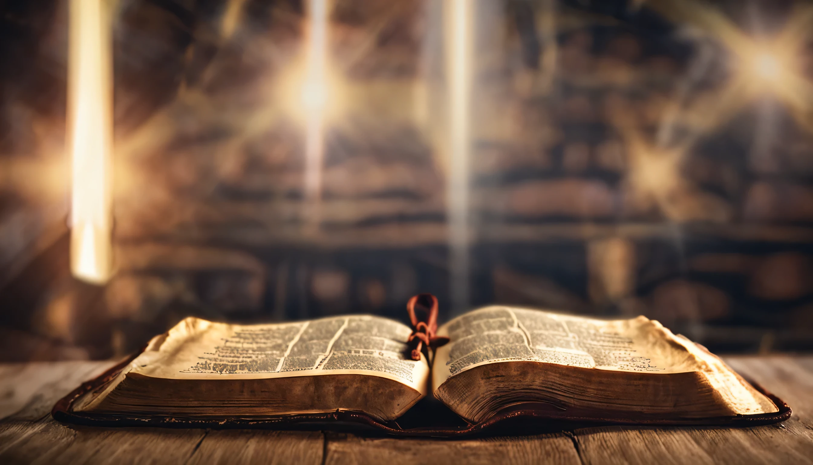 "Please, create a high definition image of the Holy Bible that captures the reverence and spiritual meaning of this holy book. The image must convey the historical and religious importance of the Bible., presenting it in a dignified and respectful manner. Use soft lighting to highlight cover and page details., highlighting its texture and aging, if applicable. Place the Bible in a setting that evokes a sacred environment., like a wooden shelf in an old library or an illuminated altar. The colors should be subtle and the typography., Introduce you, It should be elegant and discreet. The image should inspire a sense of reverence and spiritual connection to the words and teachings contained in the Holy Bible.."