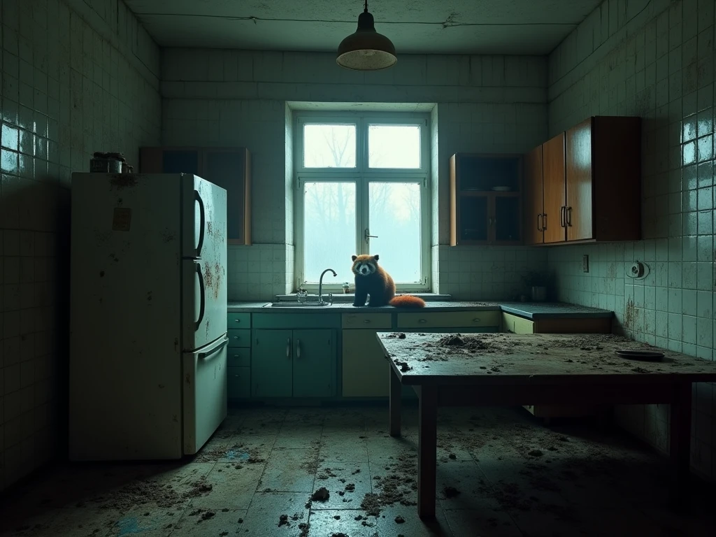 A photo of an abandoned Soviet kitchen. At night, rain and thick fog outside the window. Through the fog you can see tall Soviet panel houses, immersed in darkness. In the center of the photo - an abandoned kitchen. On the floor lie remnants of old linoleum, torn in several places, underneath it you can see the floorboards, covered in a thick layer of dust. In the corner of the kitchen there is one bulky Soviet-era refrigerator with fogged-up glass., on the door - a rusty handle and a detached rubber seal. Next to the refrigerator - a dining group with a huge wooden table, covered in cracks, with stains and a thick layer of dust. On the walls of the kitchen - remnants of Soviet tiles, in some places chipped and revealing black brickwork. Above the stove hangs a single unlit light bulb in a plastic shade, It doesn't burn, its glass is covered in dust. The cupboard doors are broken, behind them you can see a few empty shelves, covered in dust. Window - broken glass. Cold, damp air penetrates through cracks in the glass, but he can't drive away the fog, which filled the entire space of the kitchen. In the center of the room, in half, a red panda with bright red fur sits (a little dusty and disheveled).