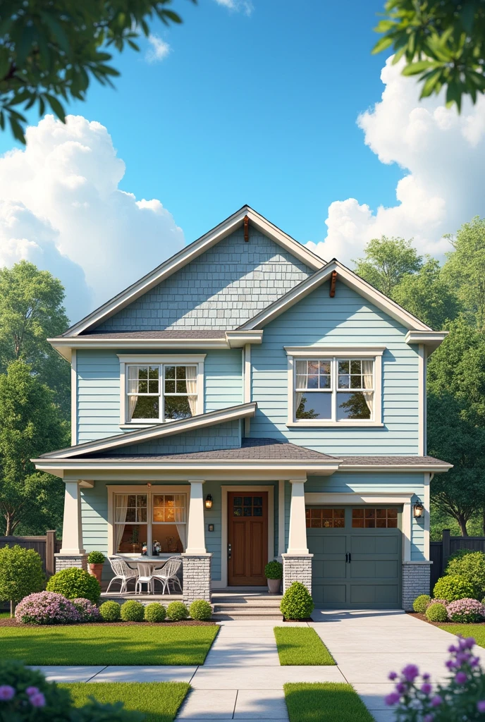 House drawing with bedroom, living room, kitchen, garage, bathroom and patio