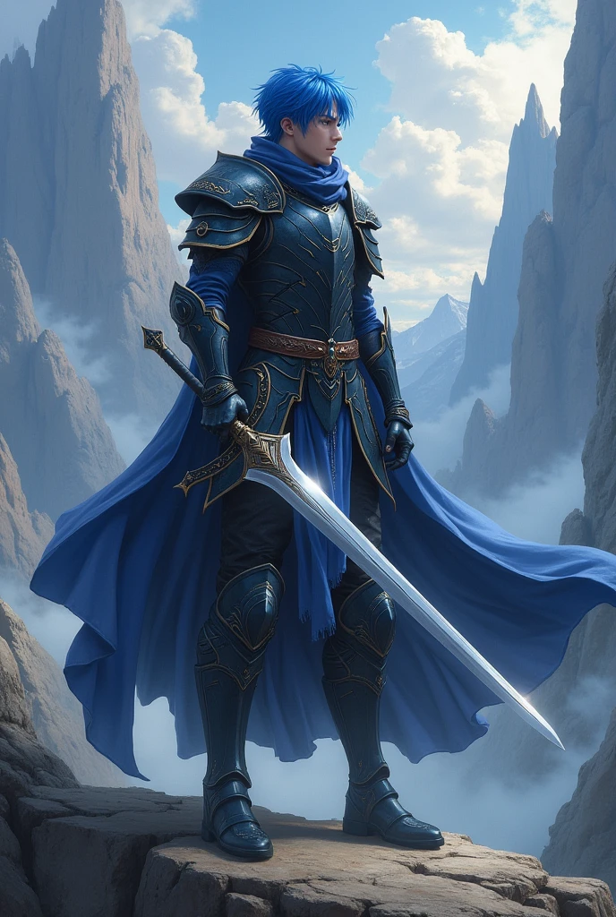 Anime young man, short hair, 1.80 meters tall, 19 years old, with big greatsword, blue hair, golden eyes and dark-black armor.