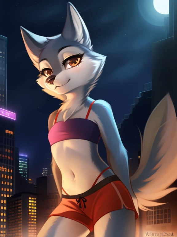 porshacrystal, furry, female, detailed fur, anthro, wolf girl, young, cute, cub, small, child, tube top, small breasts, shorts, close-up, fur trim, solo, (body fur:1.2), (best quality), (detailed urban night background:1.2), dramatic lighting, (detailed fluffy fur:1.1), looking at viewer, sfw