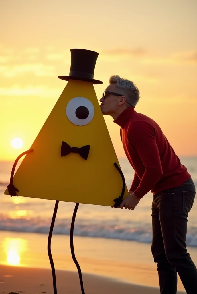 a realistic image of a floating Two-dimensional  yellow triangle with a giant eye with a black iris , that eye is in the middle of his body , This character does not have a mouth, but it does have two thin arms and two legs like spaghetti that are black, The triangle is wearing a long black top hat and A black bow tie under his eye. This character will be receiving a kiss on the cheek from a  handsome man with gray hair, black plastic glasses, a kind of red turtleneck, and dark pants. The background will be a sunset on the beach. The main characters will be centered in the image very close to the camera. 