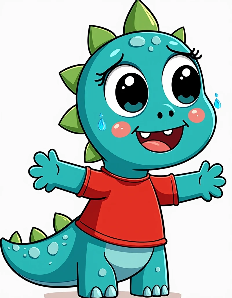 An illustration for children of a dinosaur, with the appearance of an , Way sadness crying, with tears in the eyes, no eyelashes, with red shirt, trouserless, blue skin, green dinosaur crests on the head and tail, cute cartoon smile, full body, with an appearance of tenderness, White background