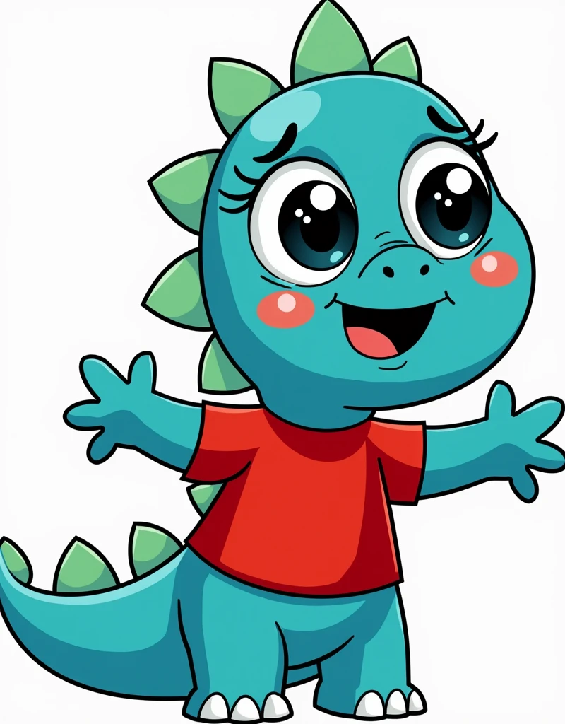 An illustration for children of a dinosaur, with the appearance of an , Way sadness crying, with tears in the eyes, no eyelashes, with red shirt, trouserless, blue skin, green dinosaur crests on the head and tail, cute cartoon smile, full body, with an appearance of tenderness, White background