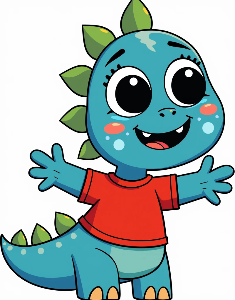 An illustration for children of a dinosaur, with the appearance of an , Way sadness crying, with tears in the eyes, no eyelashes, with red shirt, trouserless, blue skin, green dinosaur crests on the head and tail, cute cartoon smile, full body, with an appearance of tenderness, White background
