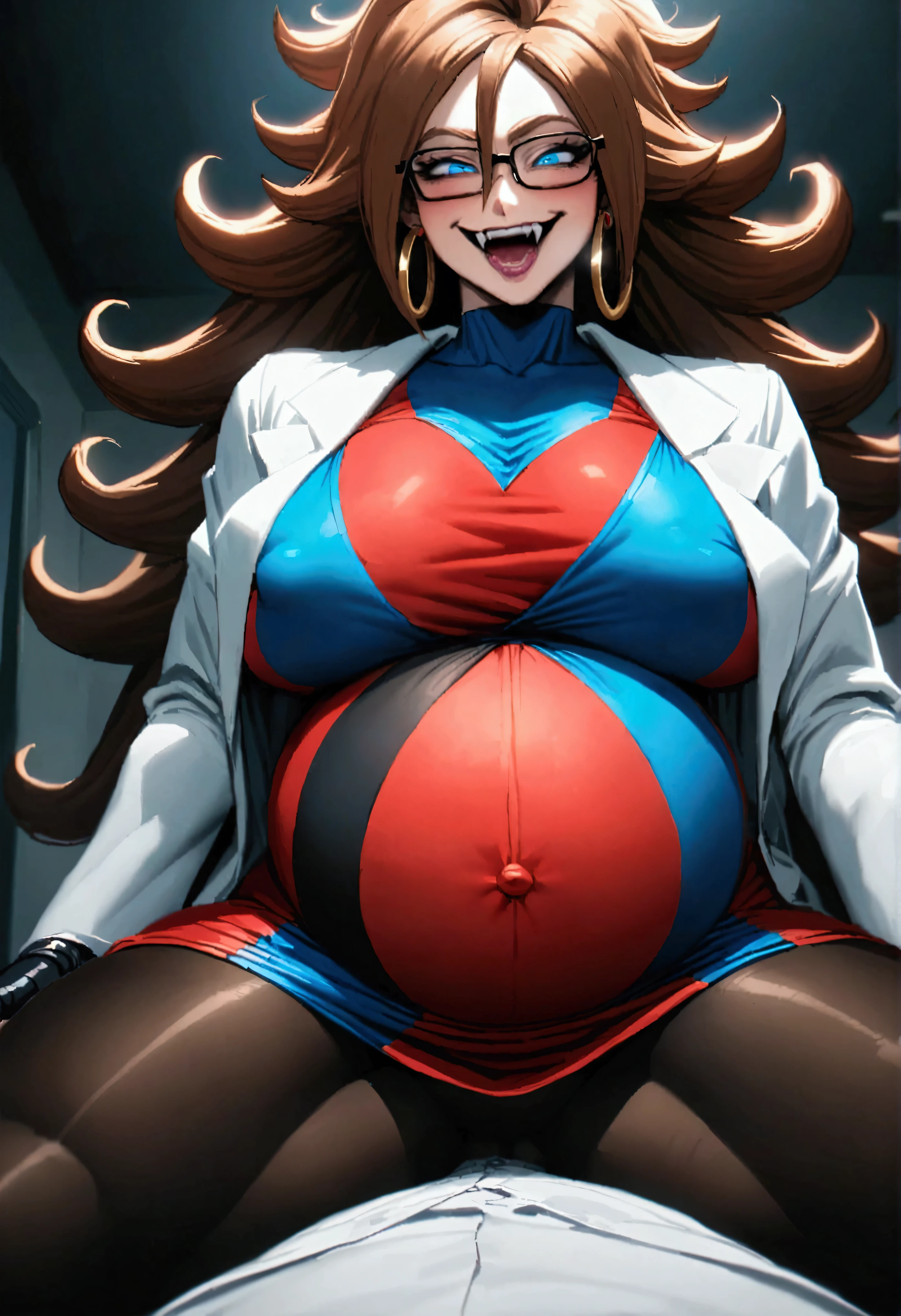 Android 21 from dragonball brown hair, long hair, curly hair, blue eyes, hoop earrings, two-tone dress, checkered dress, sleeveless, black pantyhose, thick thighs, sitting on you pov, glasses, lab coat, mommy, pregnant, crazy smile, fangs,