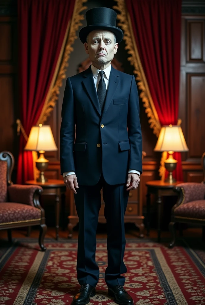 A man wearing a suit and a bowler hat, posing as dead.