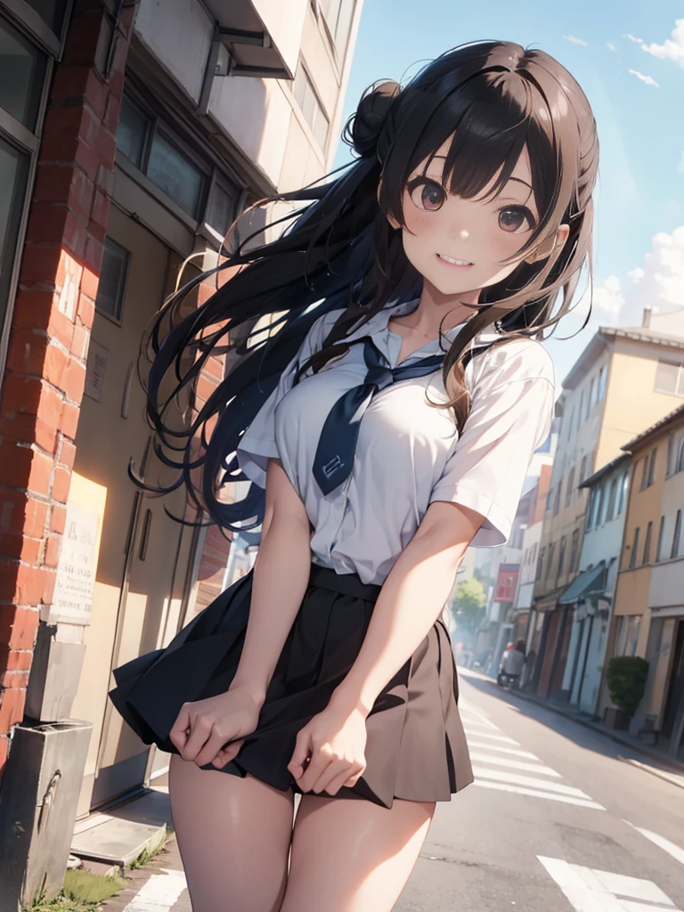 in 8K、top-quality、masterpiece、ultra-detailliert、Ultra-high resolution、((1 persons))、girl with、校服、Braided hair、makeups、plaid skirts、heavy wind、((((Flip the skirt))))、white panties、View of the city