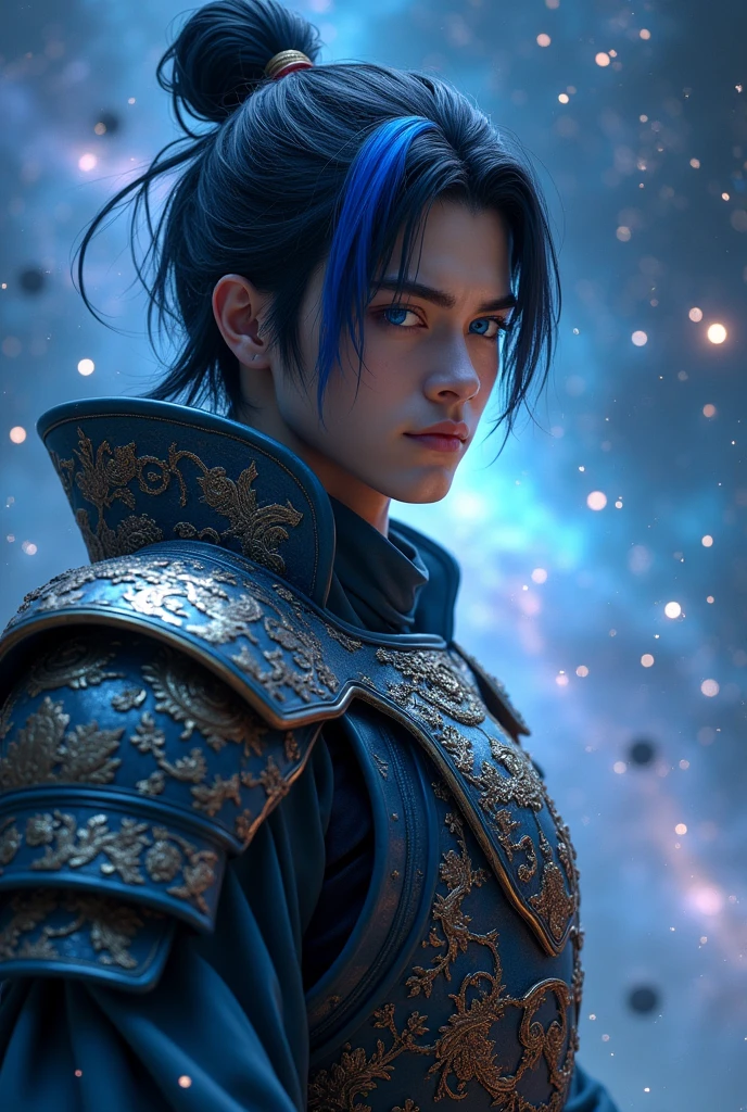 put the name: (The Eminent Divine Spirit), written in the drawing. Create a character, MALE with ARMOR WARRIOR style, JAPANESE ANIME STYLE in a cosmic environment, black hair with a cobalt blue strand in a single hair, cobalt blue eyes. Don't forget to put the name "THE EMINENT DIVINE SPIRIT".