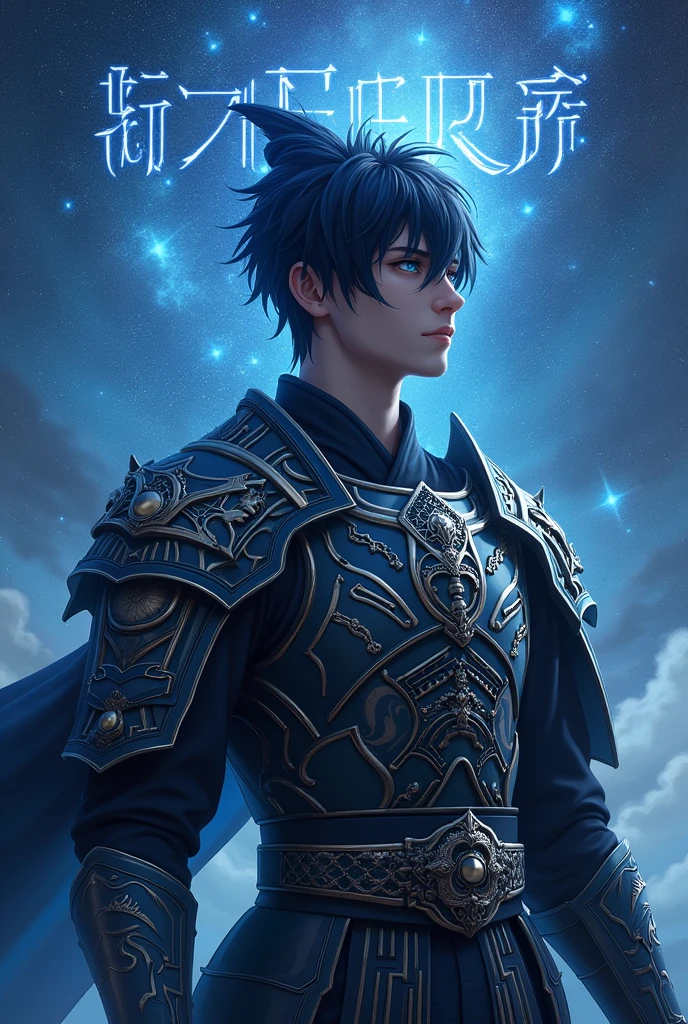 put the name: (The Eminent Divine Spirit), written in the drawing. Create a character, MALE with ARMOR WARRIOR style, JAPANESE ANIME STYLE in a cosmic environment, black hair with a cobalt blue strand in a single hair, cobalt blue eyes. Don't forget to put the name "THE EMINENT DIVINE SPIRIT".
