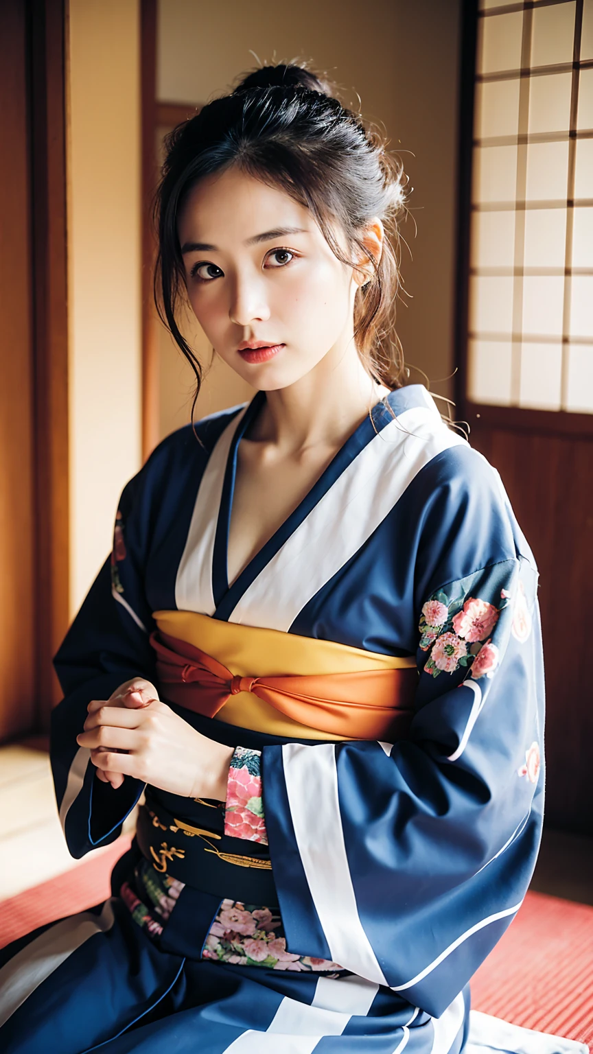 Realistic image, masterpiece: 1.2,
Portrait of a beautiful woman, 250 years old, Sitting alone,
Wearing a traditional kimono of Japan, Revealing her chest subtly,
The room is decorated in a 1980s Japanese style, (A clear composition)
Looking at the camera with a gentle expression,
A beautiful waist is densely emphasized by the flow of the kimono,
A highly detailed face showing wrinkles and age,
A distinctly beautiful hand placed gently on her knee,
Soft light from a studio-level room,
1080p resolution, Low contrast, Hip