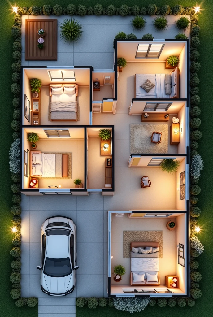 House drawing with bedroom, living room, kitchen, garage, bathroom and patio